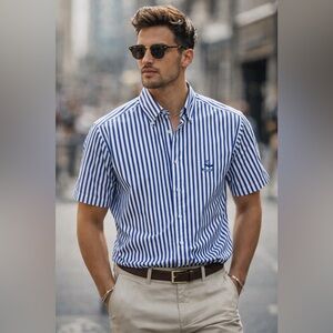 Faconnable France Cotton Stripe Button Down Short Sleeve Collar Shirt Designer S